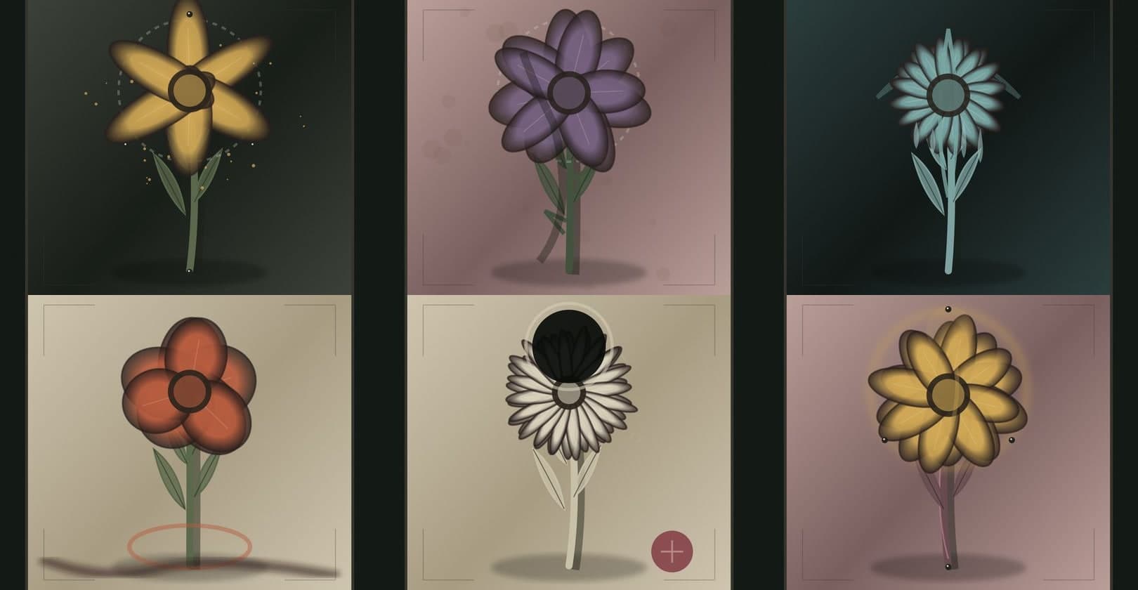 Illustrated six-stage growth cycle of an impossible flower, from buried seed to full bloom to wilting decay